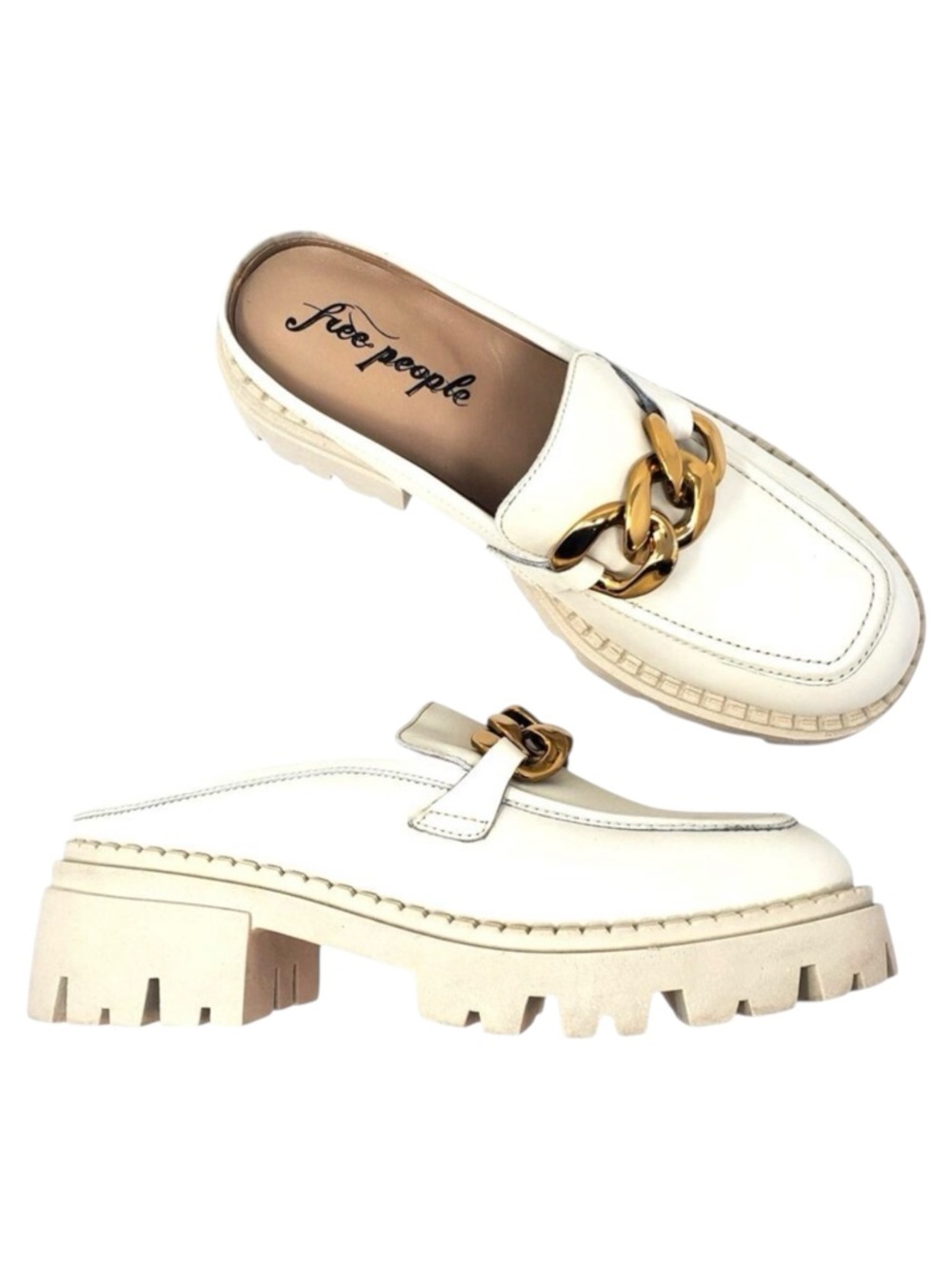 Free People Cream Chunky Chain-Detail Mules